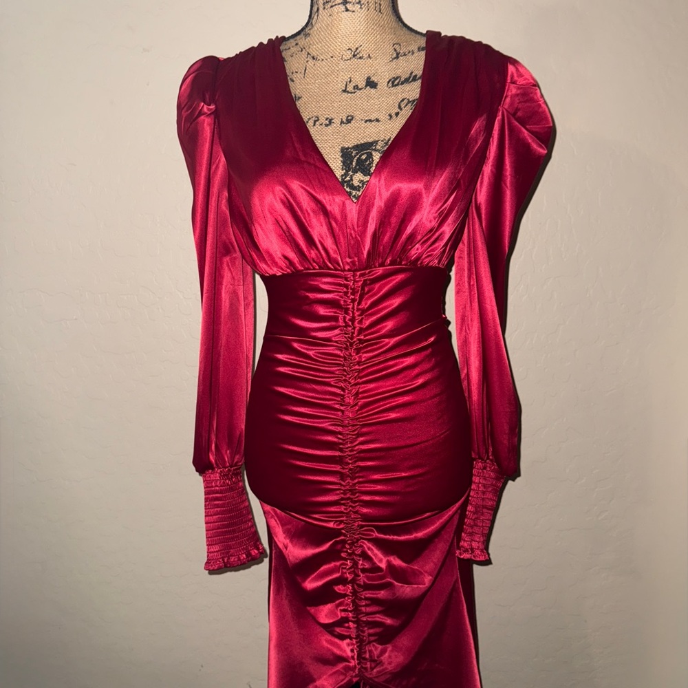 Privy Red Satin Long Sleeve Dress